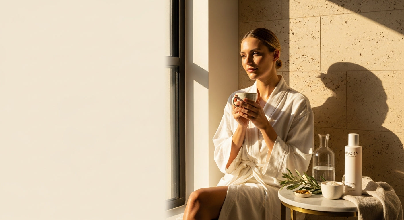 Glass of collagen peptides drink for summer skin hydration ritual on linen