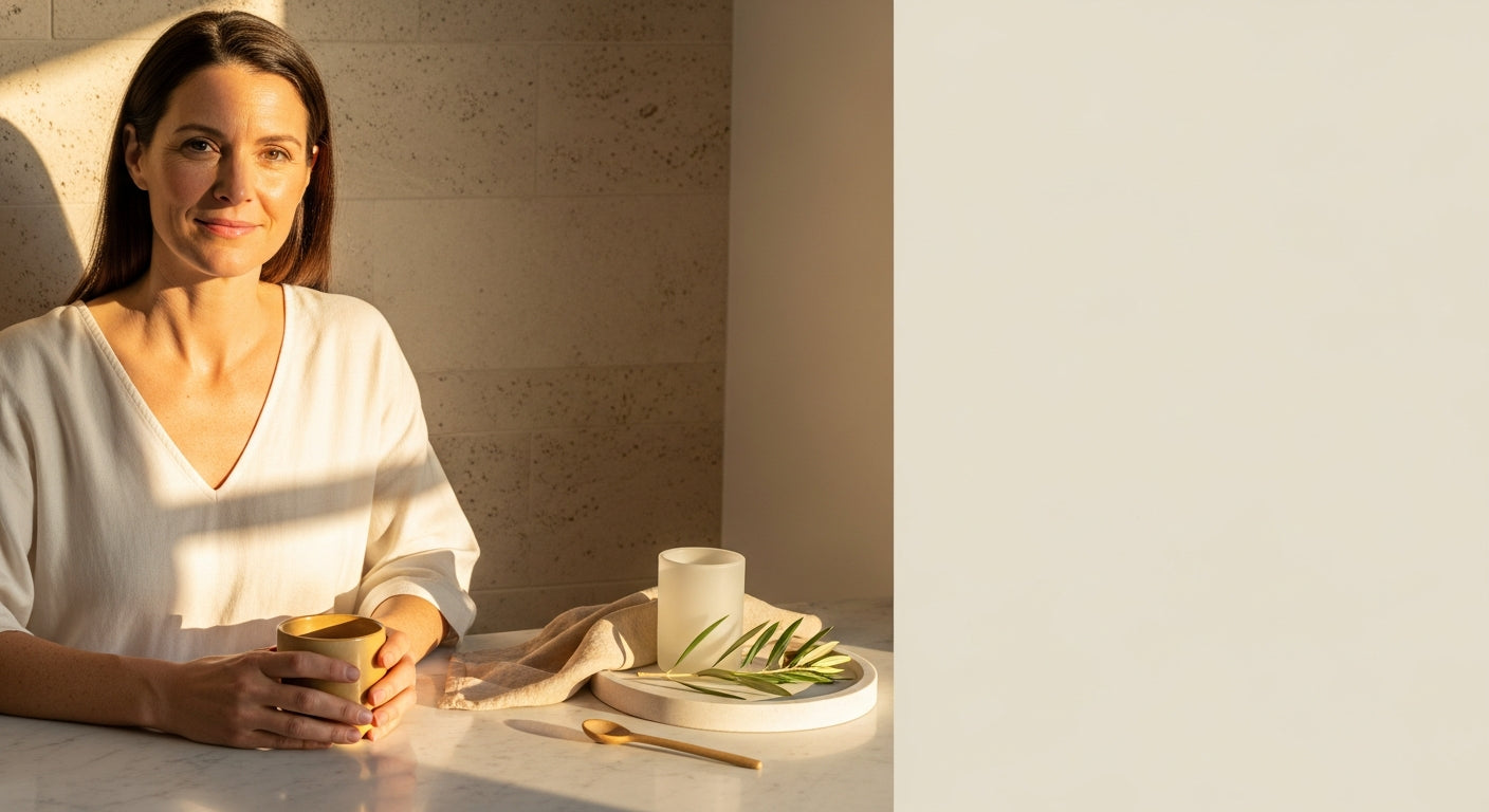 Woman over 40 mixing creatine and collagen powder for a longevity wellness ritual