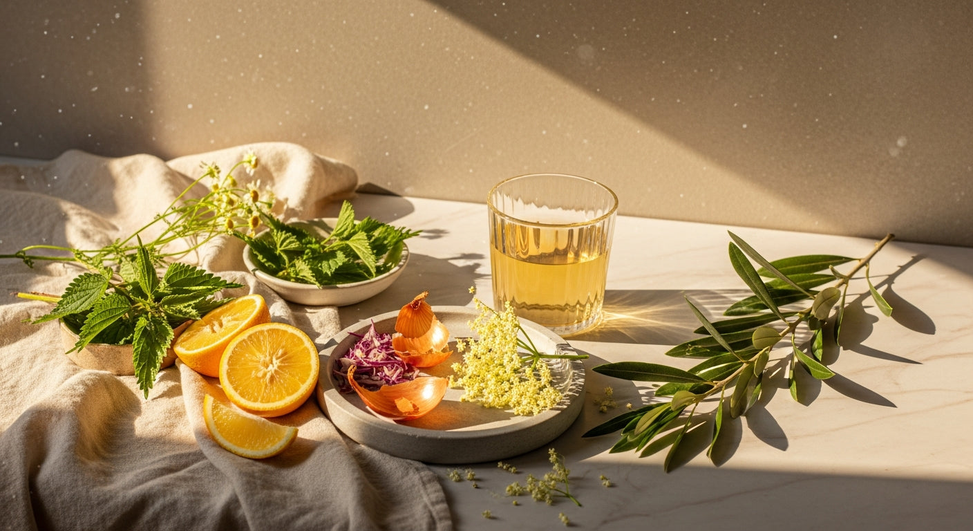 Natural supplements for outdoor allergies arranged with fresh pollen-season greenery