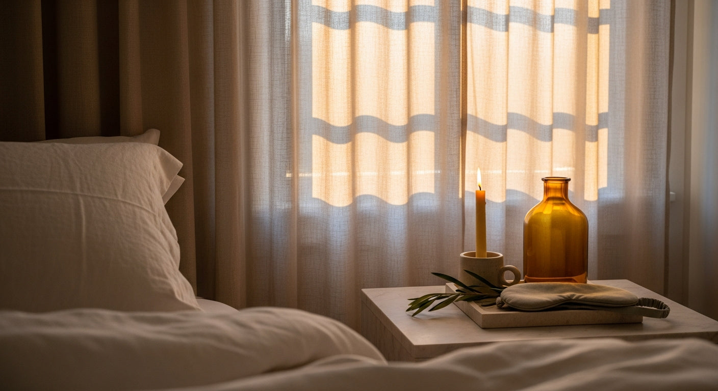 Calm evening bedroom with soft solstice light, supplements for summer sleep disruption
