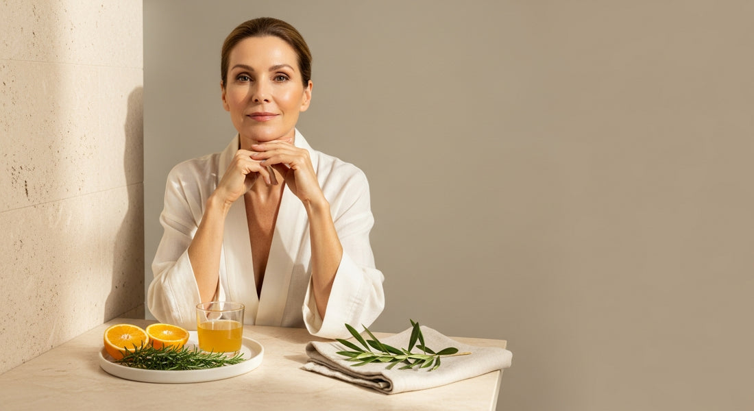 Woman applying collagen supplement ritual for sagging neck skin and elasticity