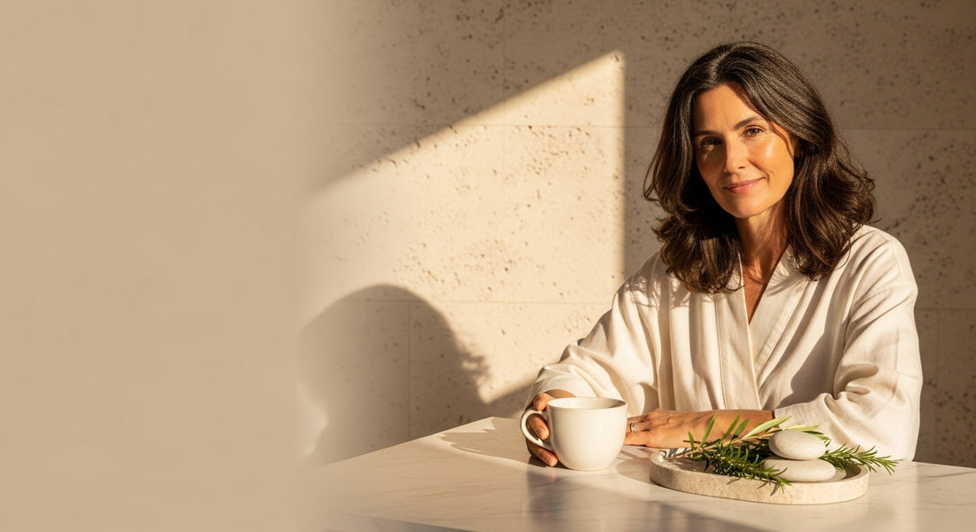 Woman examining grey hair strands, exploring supplements for grey hair reversal