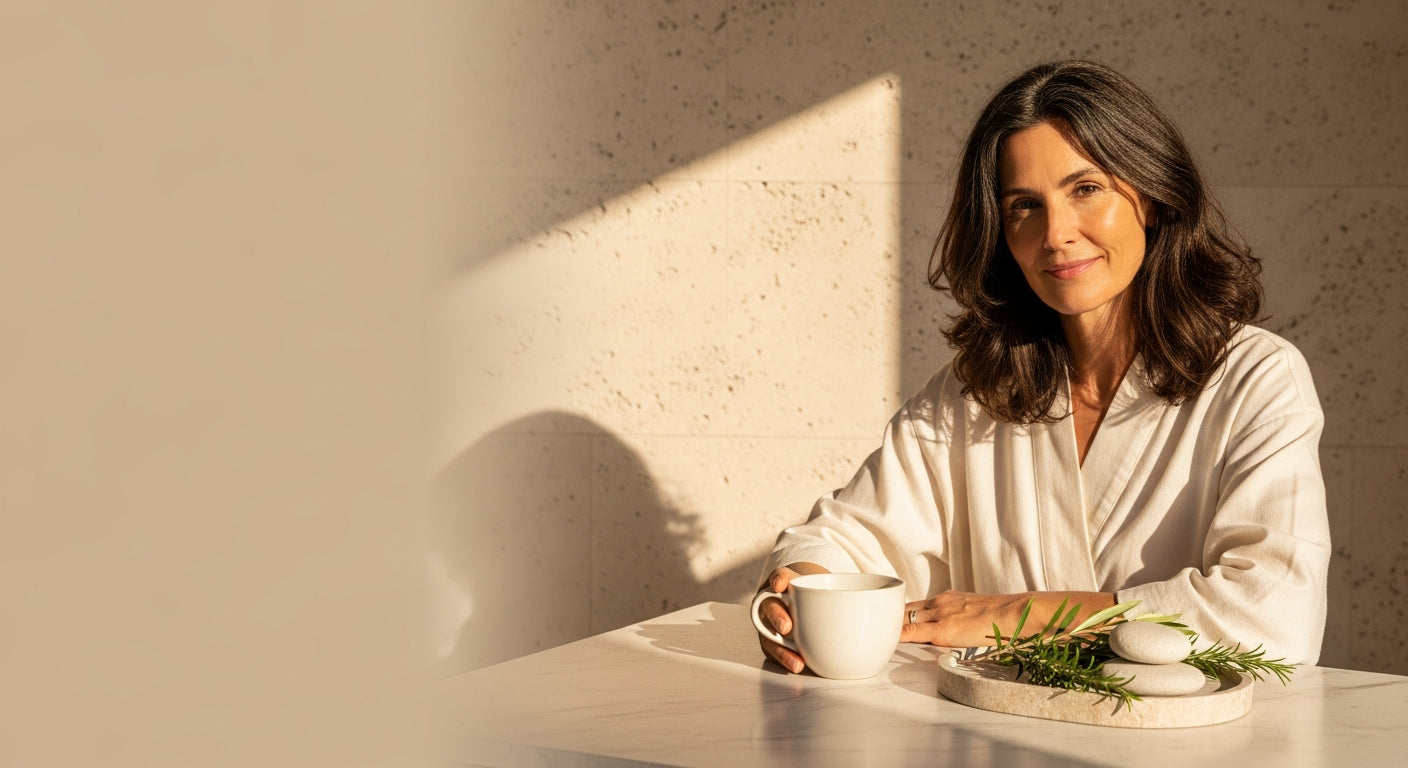 Woman examining grey hair strands, exploring supplements for grey hair reversal