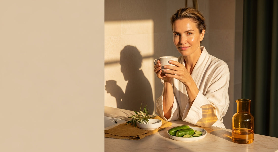 Woman by pool at golden hour — supplements for poolside skin recovery ritual