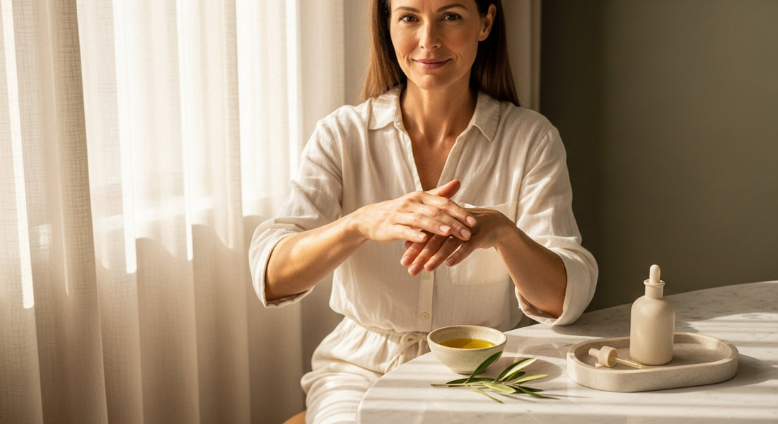 Woman in her 40s stretching wrists, illustrating supplements for perimenopause joint pain relief
