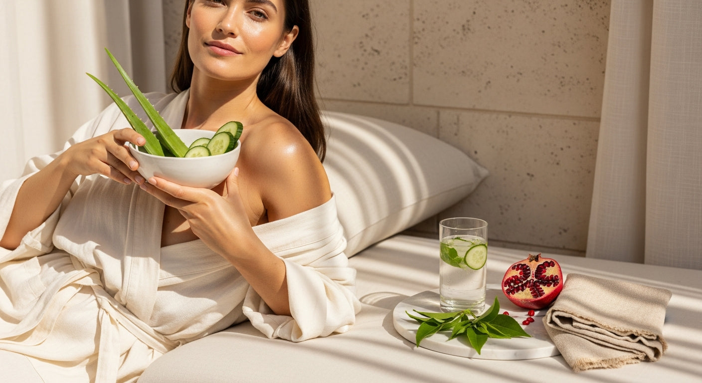 Woman applying post-sun ritual with supplements for sun poisoning recovery