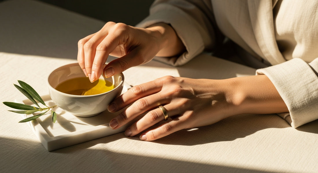 Woman's hands showing sun damage and crepey skin from cumulative UV exposure