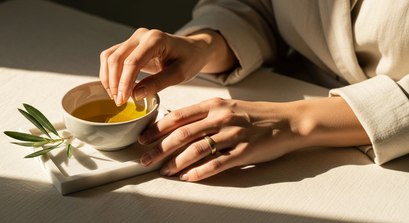 Woman's hands showing sun damage and crepey skin from cumulative UV exposure