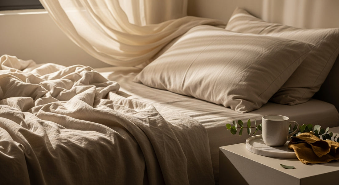 AEVORA Evening Recovery supplements for summer sleep quality on linen bedside table