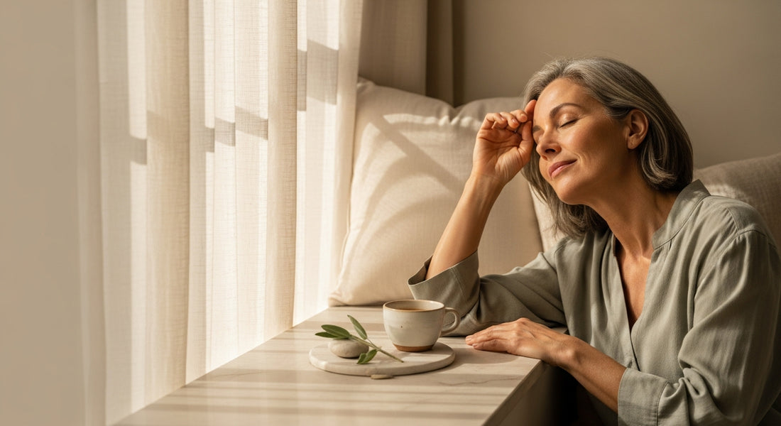 Woman in calm evening light with AEVORA supplements for perimenopause noise sensitivity