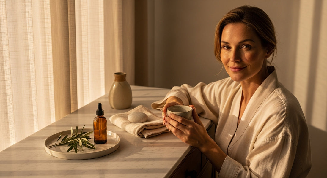 Evening supplements for sun-damaged skin repair at night beside bedside water glass