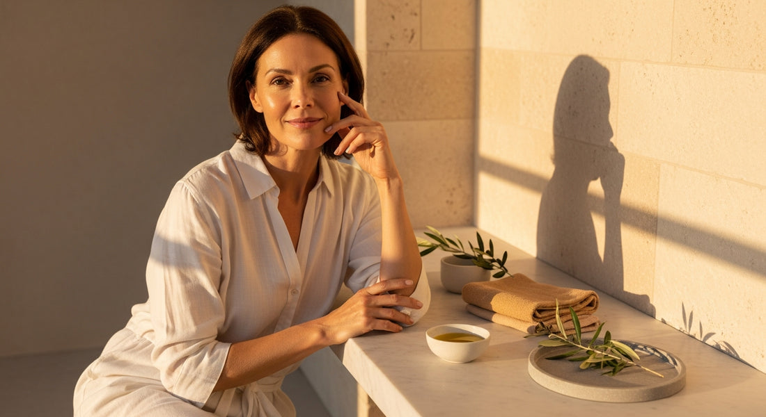 Woman examining dull late summer skin before starting 6-week radiance reset supplement protocol