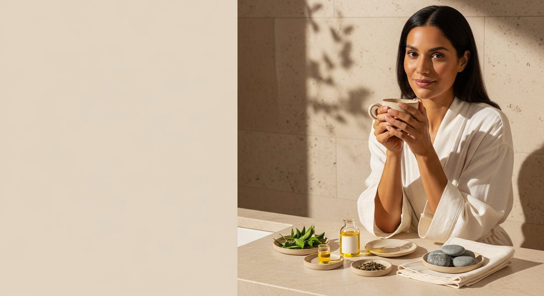 Woman in her 30s examining jawline in mirror, hormonal acne supplements ritual on vanity