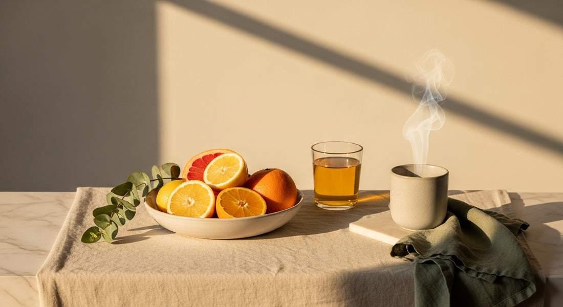 AEVORA end of summer immune reset supplements arranged for a calm morning wellness ritual