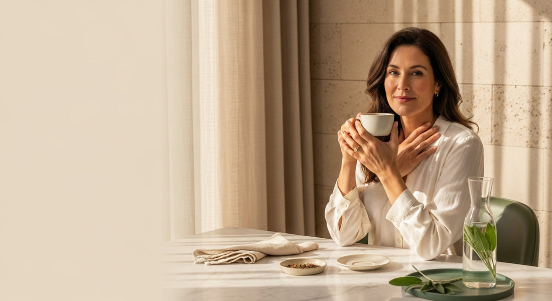 Professional woman at desk with AEVORA supplements for hot flashes at work