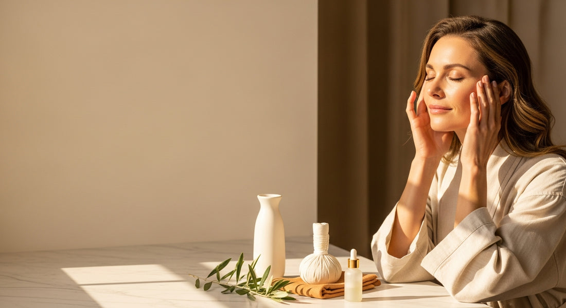 Woman at laptop with AEVORA supplements for eye strain from screens on desk