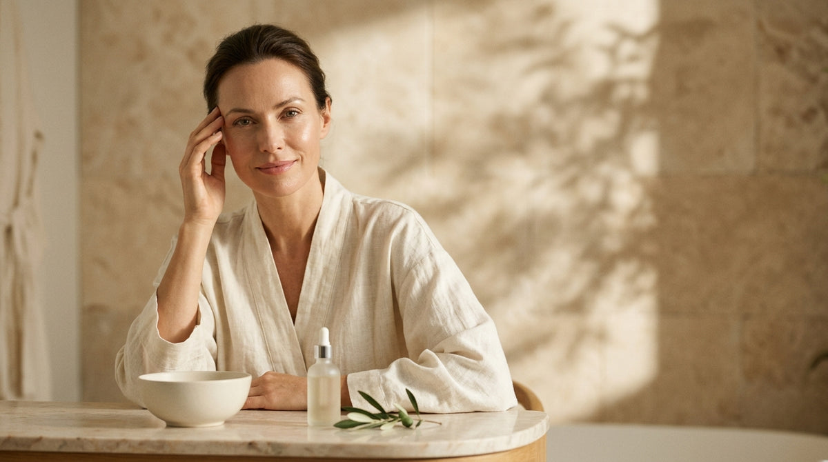 Woman examining dark circles under eyes, exploring supplements for periorbital skin