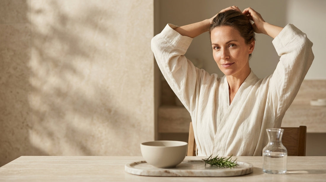 Woman examining widening part and crown hair thinning in mirror, supplement protocol