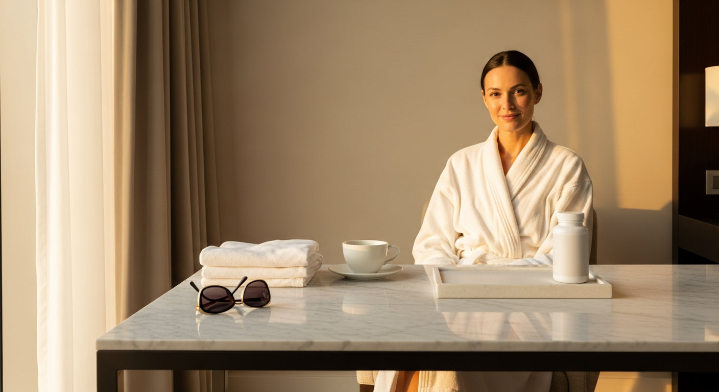 Premium supplements for jet lag recovery beside text-free travel essentials