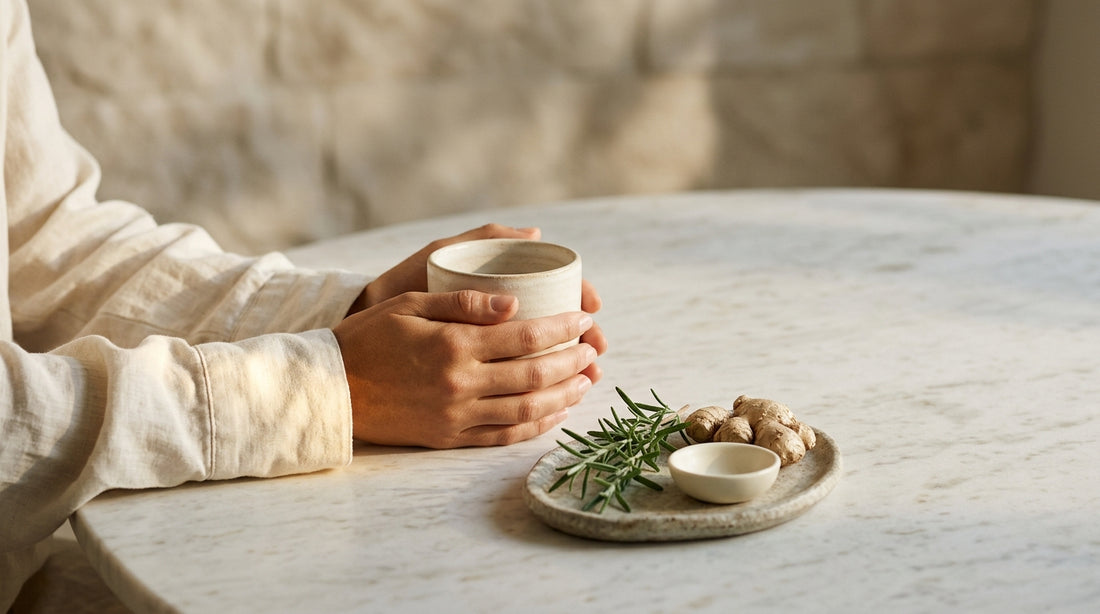 Woman warming hands with tea and supplements for Raynaud's syndrome circulation support
