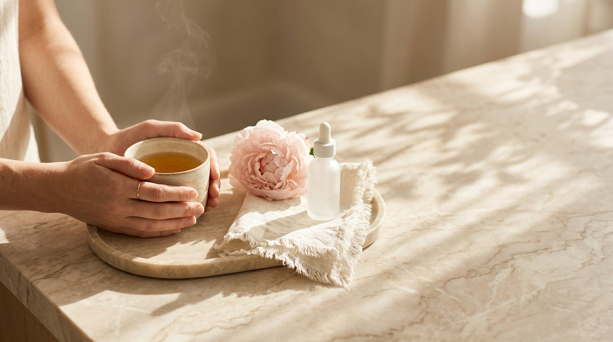 Woman taking Type I collagen supplement for oral collagen and gum health support
