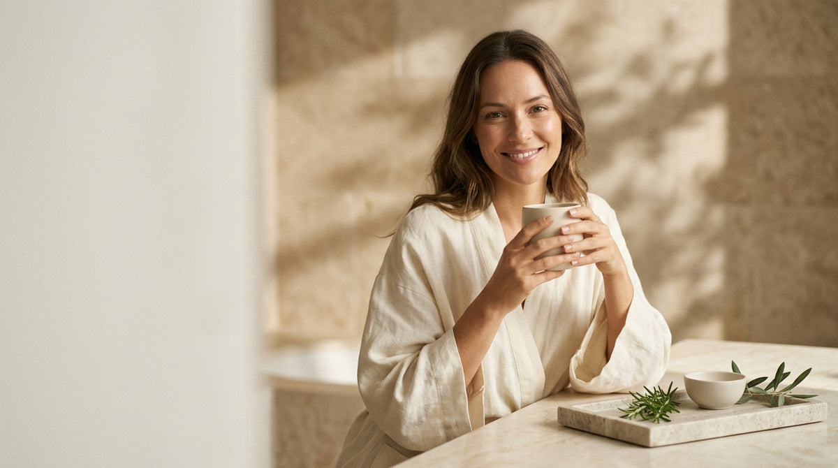 Woman applying cortisol face supplements protocol with collagen and magnesium ritual