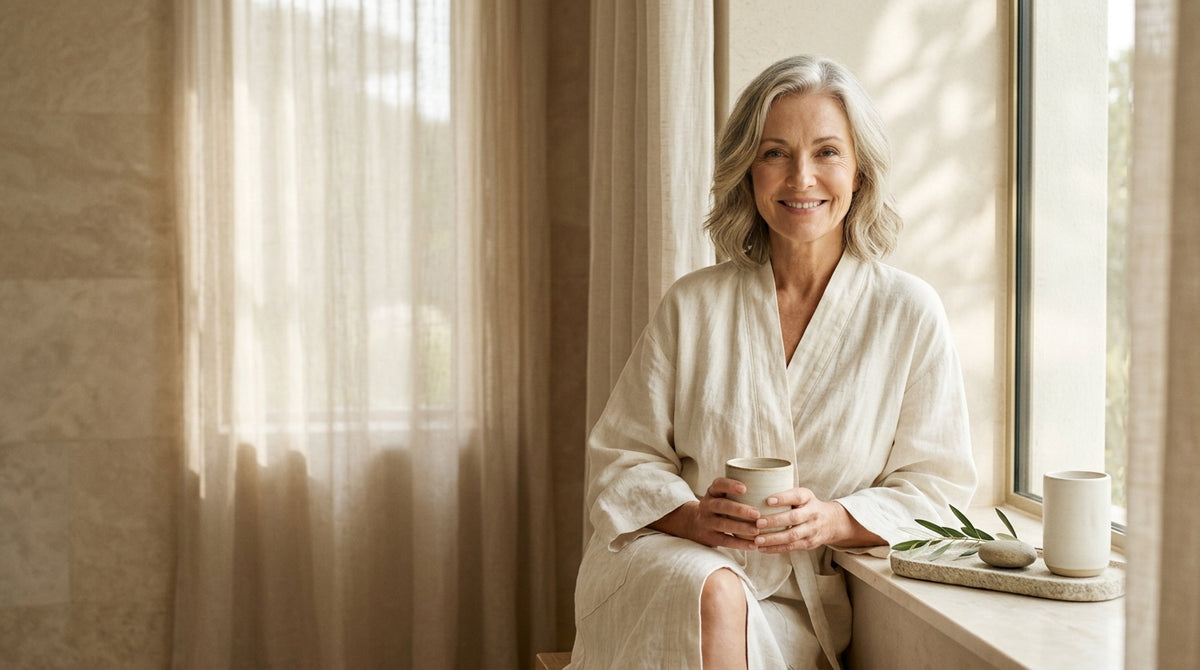 Woman 50s in soft morning light considering supplements for menopause brain fog clarity