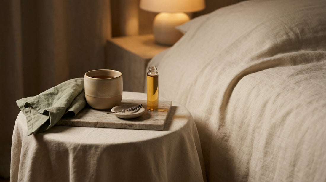 Evening supplements for morning cortisol spike arranged in a calm bedtime ritual