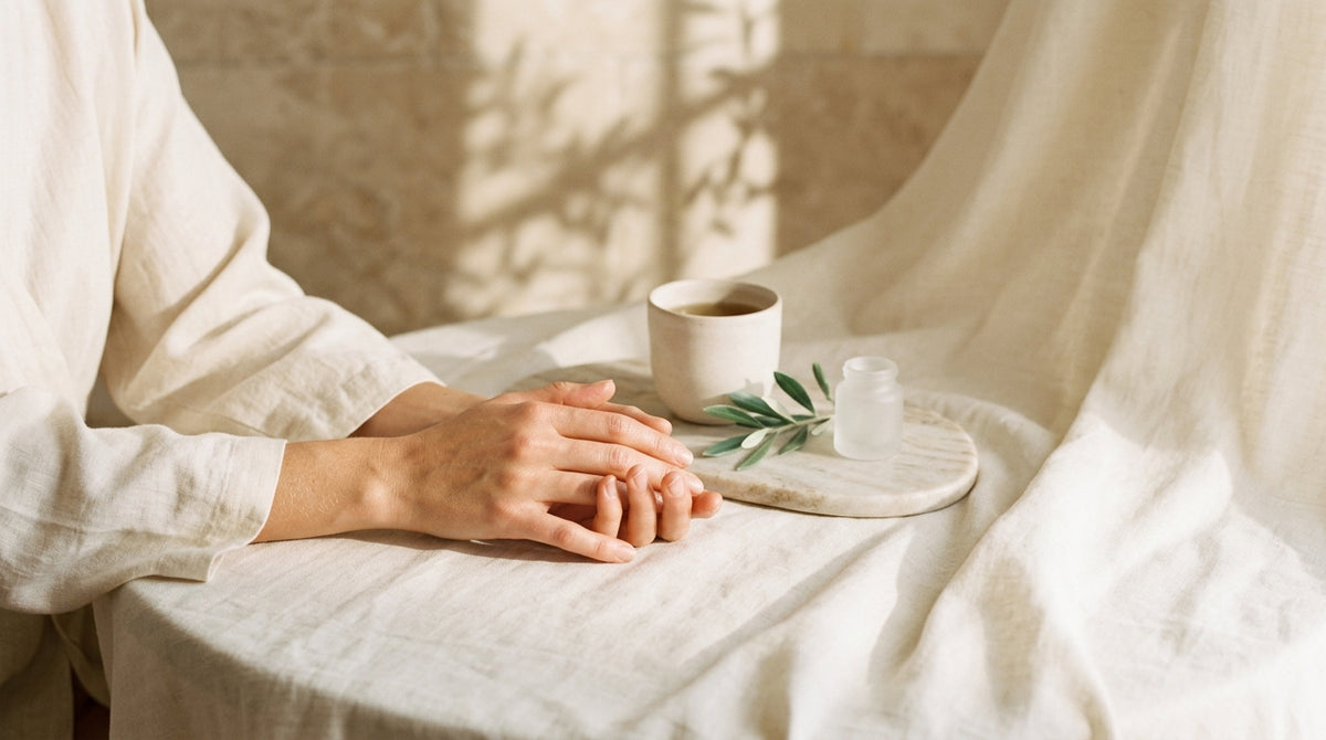 Woman gently massaging stiff hands, perimenopause joint pain supplement ritual