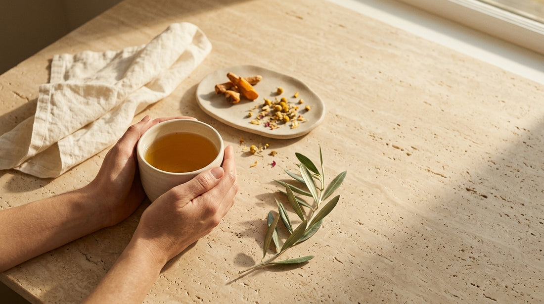 Amber supplement capsules and tea beside window with late-September afternoon light