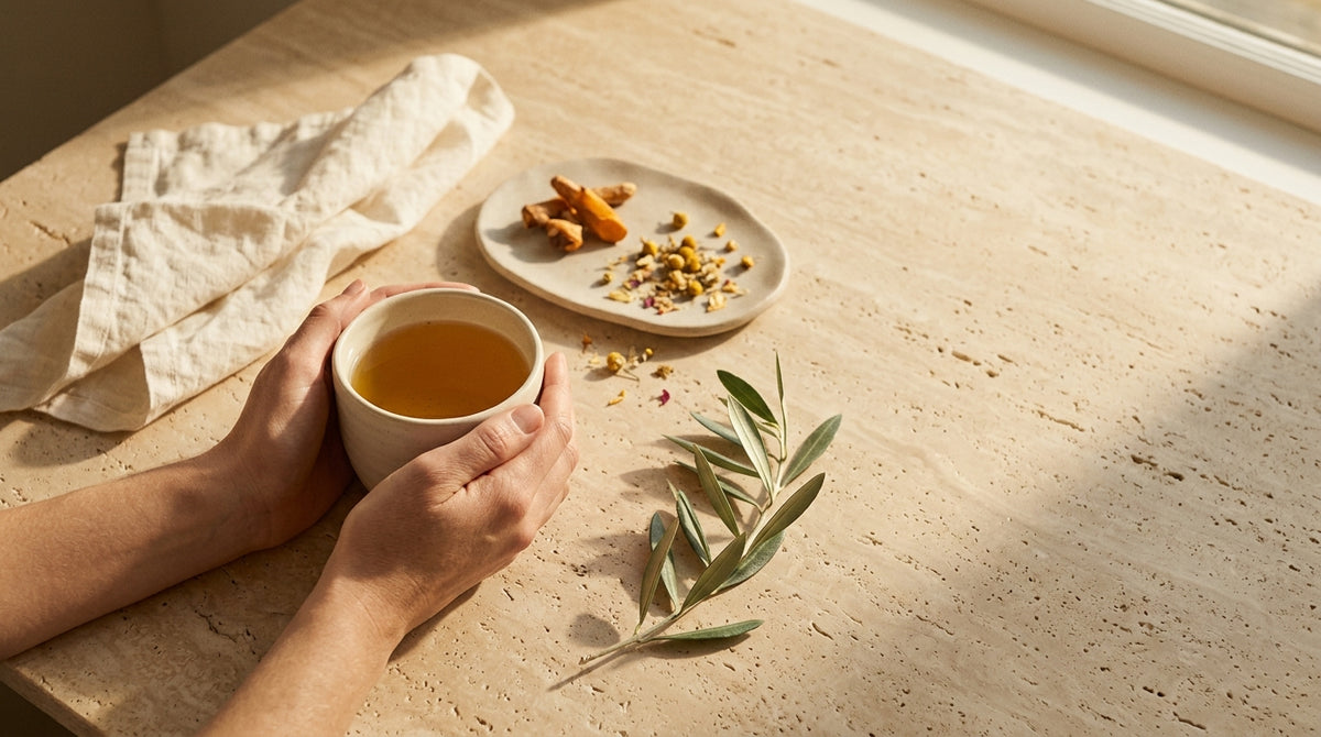 Amber supplement capsules and tea beside window with late-September afternoon light