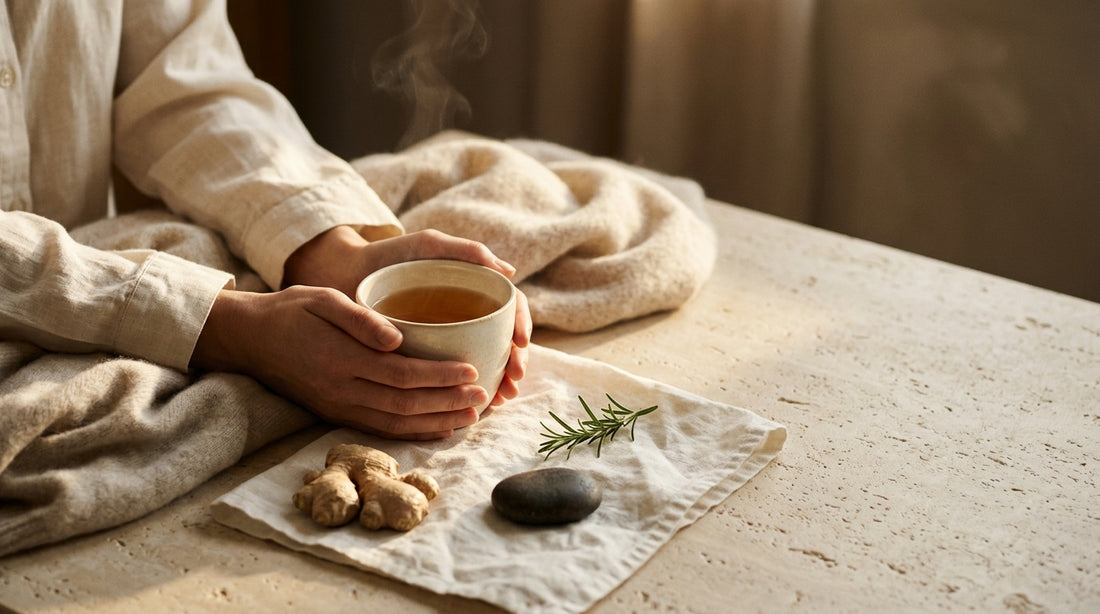 Woman holding warm ceramic mug with AEVORA supplements for cold hands and feet