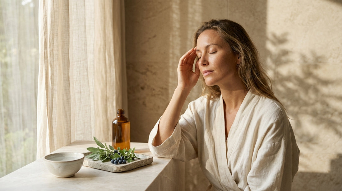 Woman at desk using supplements for eye strain from screens and periorbital eye gel