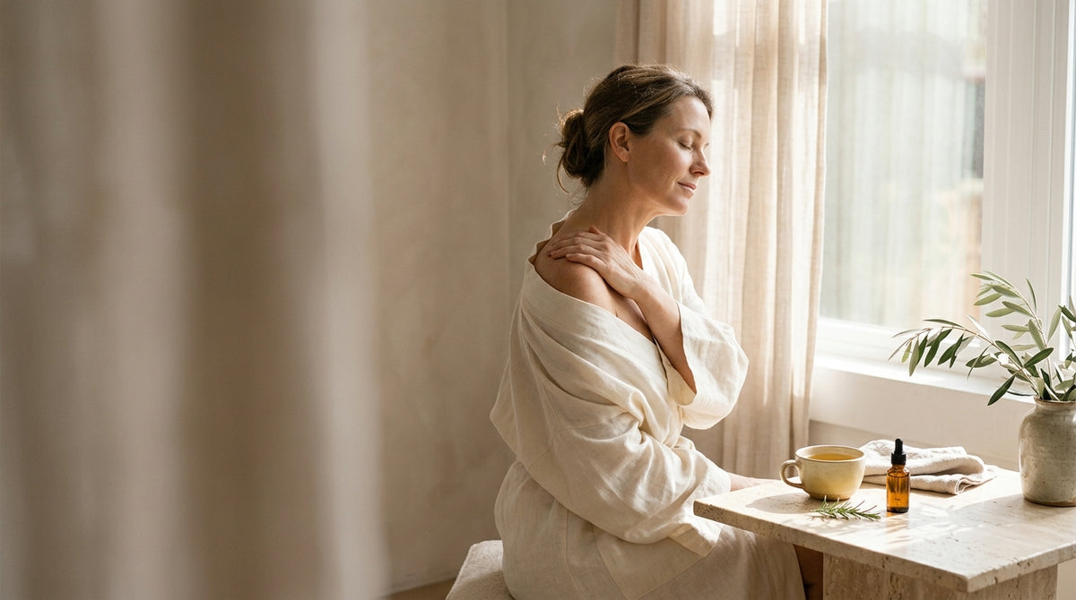 Woman stretching stiff shoulder with AEVORA supplements for frozen shoulder recovery