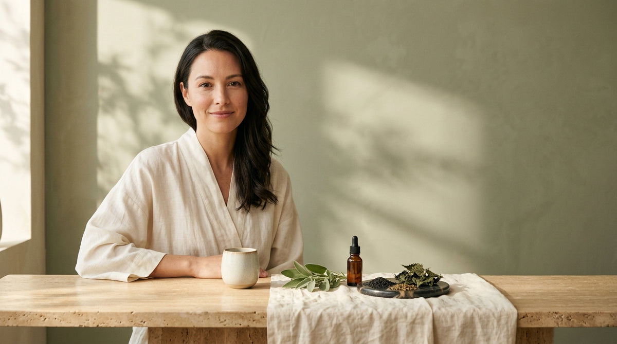 Woman examining hair for grays — supplements for gray hair reversal and melanocyte support