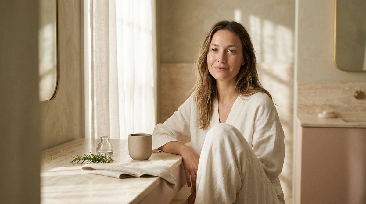 Woman in her 30s examining jawline for hormonal acne, holding AEVORA collagen supplement