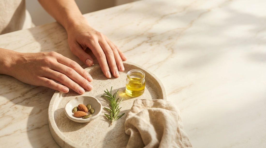 Woman's hands showing healthy nails supported by supplements for nail brittleness protocol
