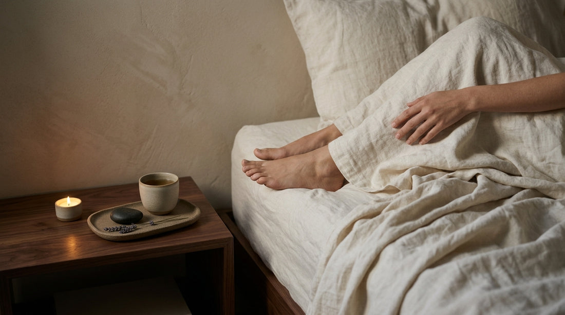 Evening supplements for restless legs syndrome at night on calm bedside table