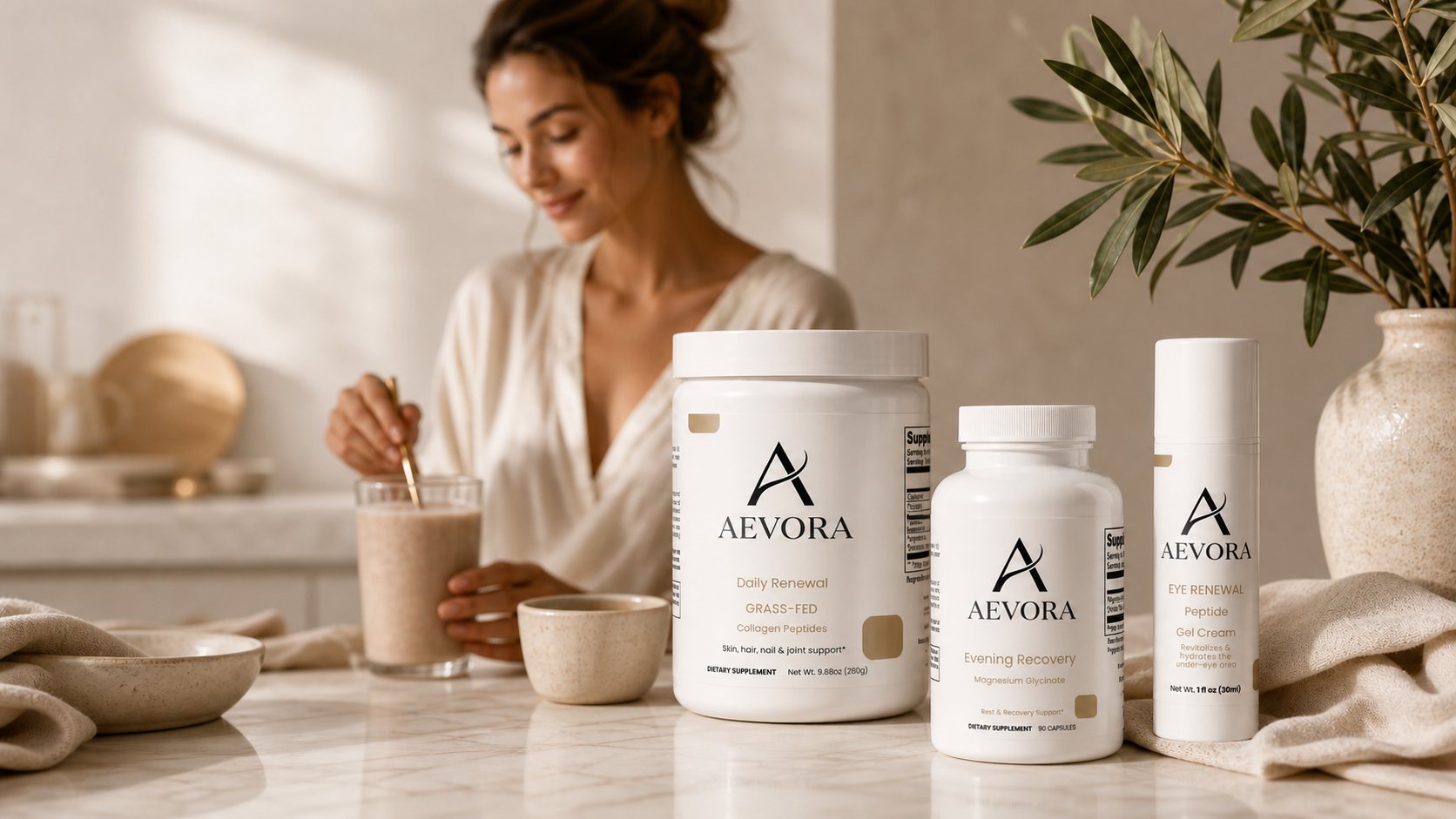 AEVORA wellness products styled in a warm premium daily ritual