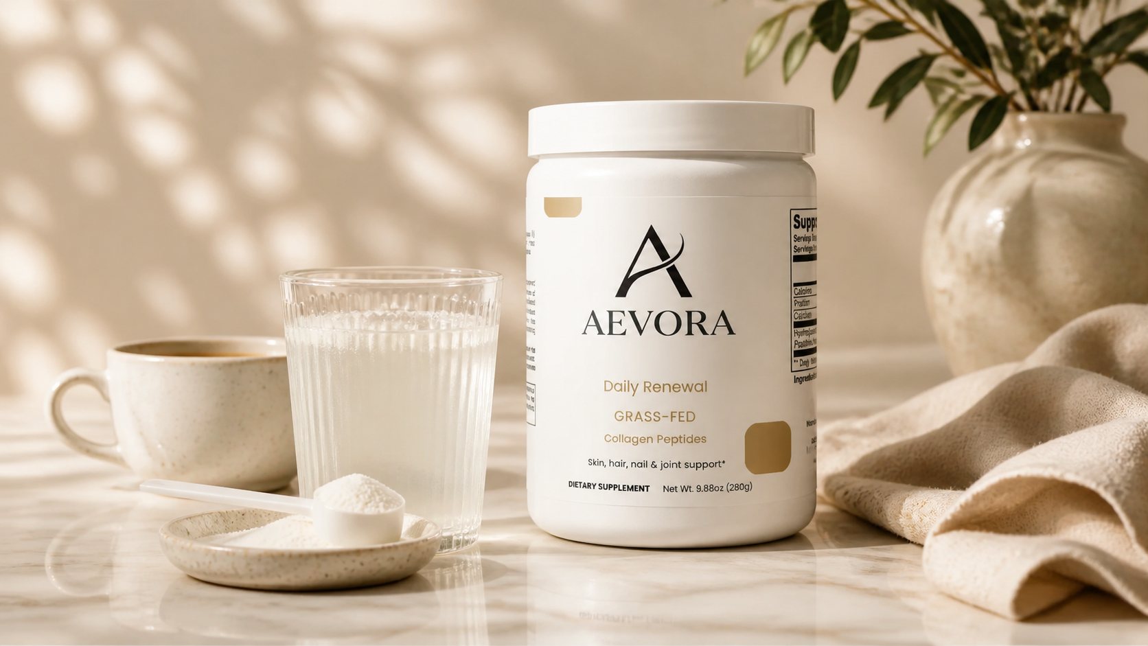 AEVORA Daily Renewal, Evening Recovery, and Beauty Renewal products in warm natural light