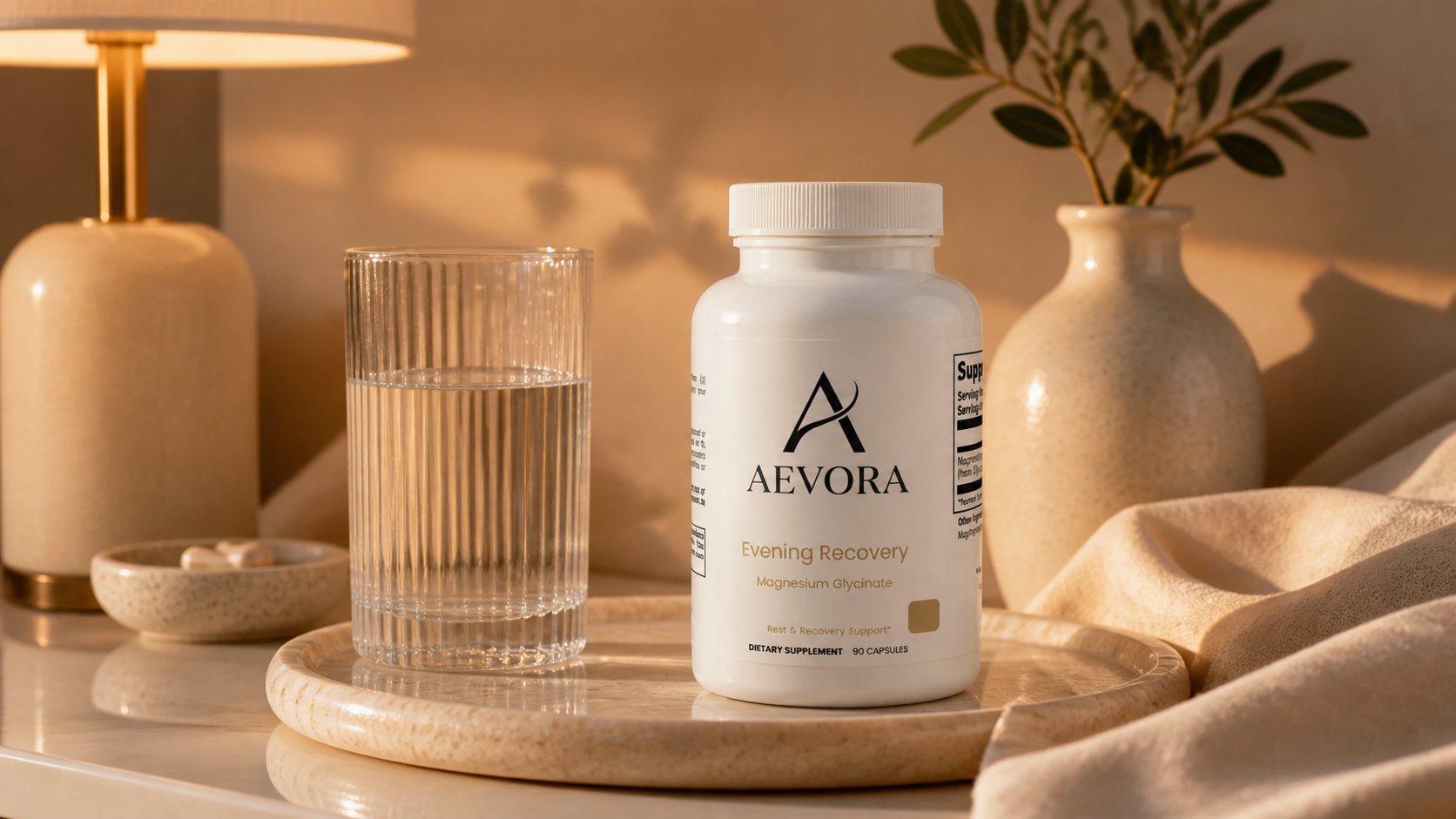 AEVORA product collection arranged with botanical and champagne styling