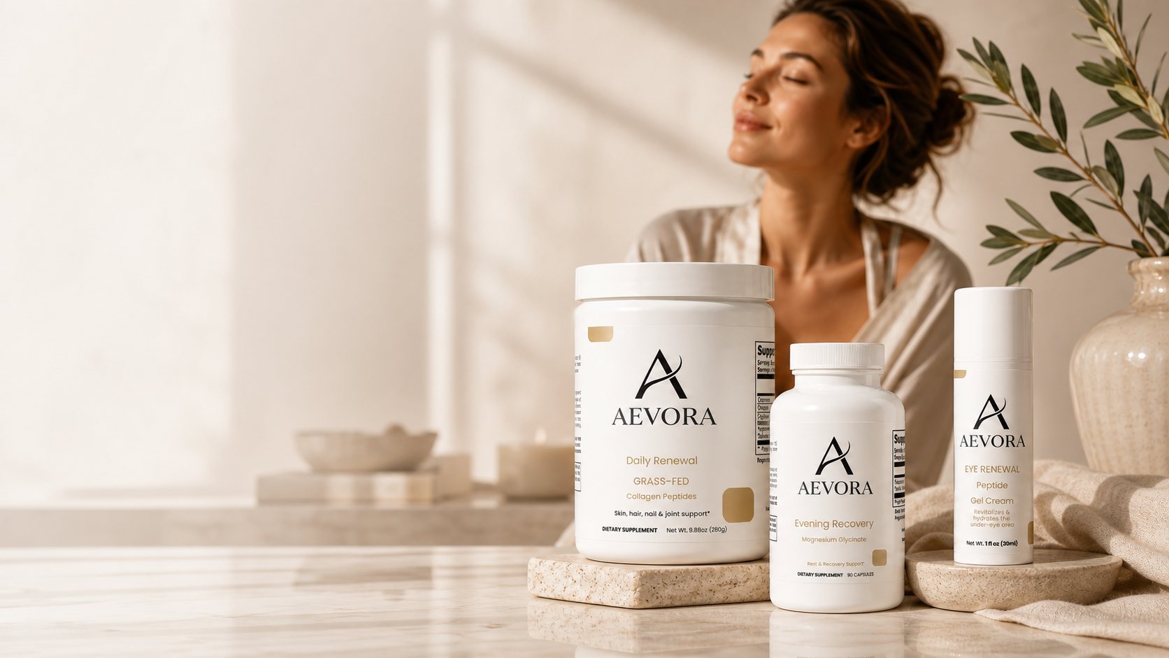 AEVORA Daily Renewal, Evening Recovery, and Eye Renewal products in a premium morning wellness ritual