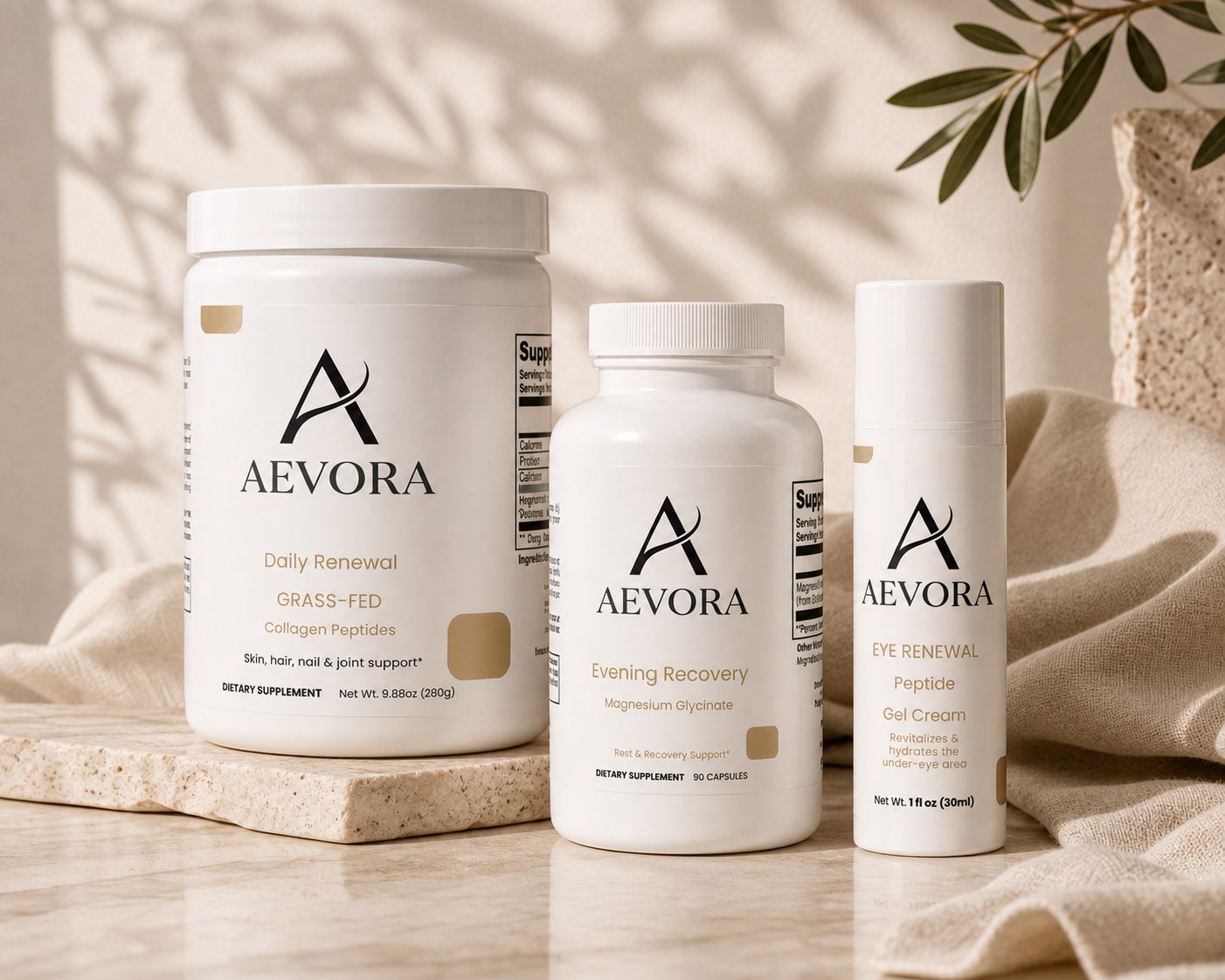 AEVORA complete wellness ritual products arranged in warm natural light